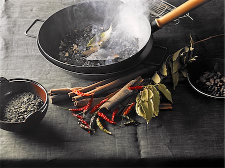 A still life featuring ingredients and utensils for smoking Stock Photo - Premium Royalty-Free, Code: 659-07069450