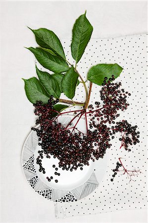 simsearch:659-06373112,k - A bunch of elderberries with leaves, on a plate and on a cloth Stock Photo - Premium Royalty-Free, Code: 659-07598151