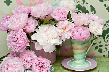 pivoine (fleur) - Pink and white peonies in a retro vase in front of a wall painted with a stencil design Photographie de stock - Premium Libres de Droits, Code: 659-08147609