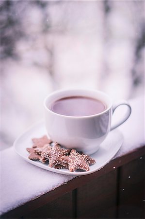 simsearch:659-06184015,k - A cup of hot tea with biscuits on a saucer on a snow-covered balcony Stock Photo - Premium Royalty-Free, Code: 659-08939930