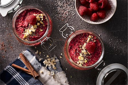 simsearch:659-07069181,k - Chia puddings with raspberries and cinnamon Stock Photo - Premium Royalty-Free, Code: 659-09125163
