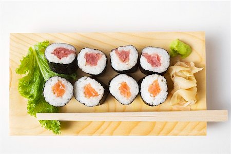 simsearch:659-07610354,k - Maki sushi with tuna and salmon on sushi board Stock Photo - Premium Royalty-Free, Code: 659-01849645
