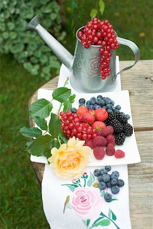 simsearch:659-08419643,k - Fresh berries on plate, redcurrants in watering can Stock Photo - Premium Royalty-Free, Code: 659-01858326