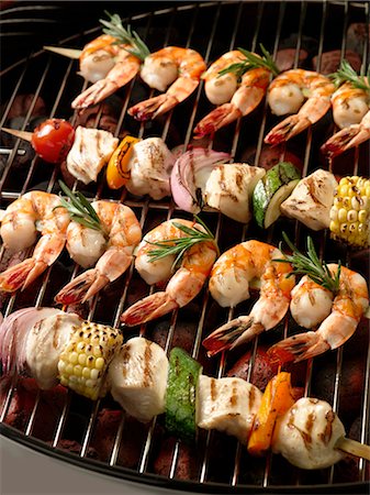 Chicken and Shrimp Kabobs on the Grill Stock Photo - Premium Royalty-Free, Code: 659-03521356