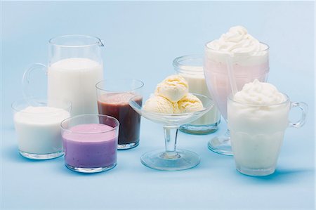 food still life - Assorted milkshakes, smoothies, ice cream and milk Stock Photo - Premium Royalty-Free, Code: 659-03530912