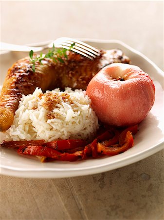 simsearch:652-05807406,k - Roast chicken with honey,poached peaches and basmati rice Stock Photo - Premium Royalty-Free, Code: 652-07655162