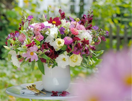 Bouquet de fleurs d'été sur la table de jardin Photographie de stock - Premium Libres de Droits, Code: 689-05610249