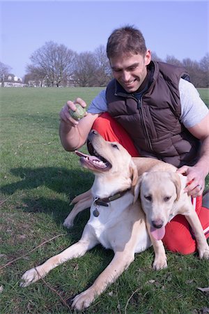 A man and his two dogs in the park Stock Photo - Premium Royalty-Free, Code: 694-03783298