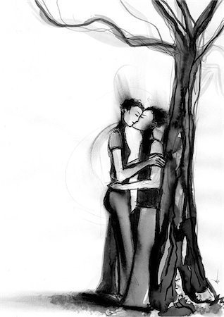 Couple kissing against tree Stock Photo - Premium Royalty-Free, Code: 695-05780538