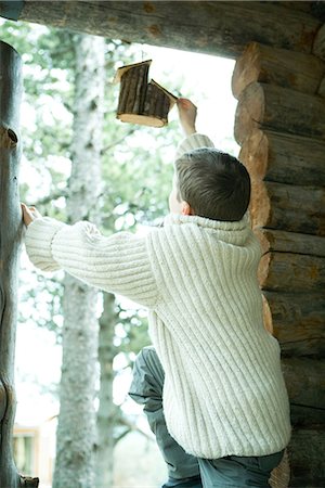 Boy in cabin window, reaching for birdhouse, rear view Stock Photo - Premium Royalty-Free, Code: 695-03376291