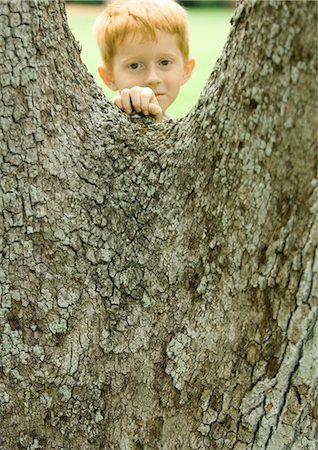 Boy standing behind tree Foto de stock - Sin royalties Premium, Código: 695-03373788
