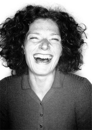 silhouette black and white - Woman laughing, portrait Stock Photo - Premium Royalty-Free, Code: 695-03387113