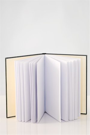 Open book with blank pages, standing up, close-up Stock Photo - Premium Royalty-Free, Code: 696-03396011