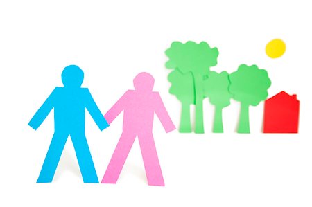 studio creative group - Paper cut outs representing a couple with trees and house over white background Stock Photo - Premium Royalty-Free, Code: 693-06324325