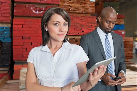 simsearch:693-06379747,k - Portrait of businesswoman holding tablet PC while colleague using cell phone Stock Photo - Premium Royalty-Free, Code: 693-06379745