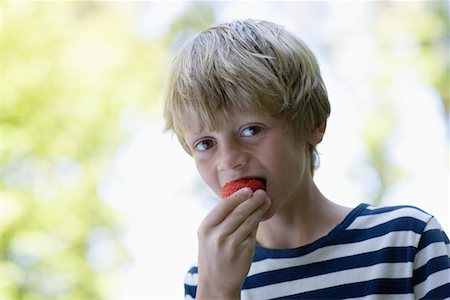 strawberry blonde hair - Portrait of boy (5-6) eating strawberry Stock Photo - Premium Royalty-Free, Code: 693-03309642