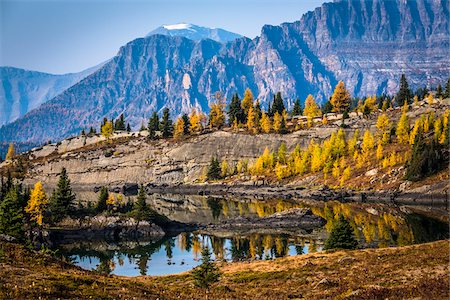 fall trees lake - Rock Isle Lake in Autumn with Mountain Range in Background, Mount Assiniboine Provincial Park, British Columbia, Canada Photographie de stock - Rights-Managed, Code: 700-06465480