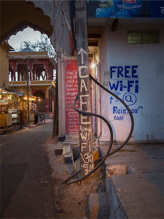 streetscene - Cafe sign and street view at nightfall in old quarter of Binda, India Stock Photo - Rights-Managed, Code: 700-06892562