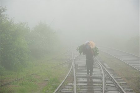 simsearch:700-07784163,k - View from Train Window of Man Walking on Tracks, Carrying Green Leaves in Fog, on route from Ella to Kandy, Sri Lanka Stock Photo - Rights-Managed, Code: 700-07591314