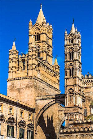 simsearch:700-07279077,k - Intricate towers on the rooftop of the Palermo Cathedral in historic Palermo in Sicily, Italy Stock Photo - Rights-Managed, Code: 700-08701921