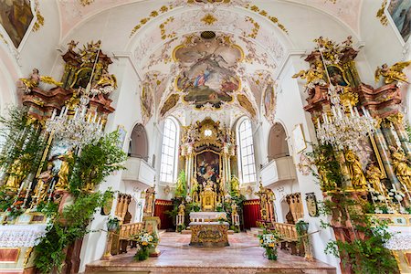 simsearch:700-05609891,k - Orante alter and interior of the Roman Catholic church of Saints Peter and Paul Church in Mittenwald in Bavaria, Germany Stock Photo - Rights-Managed, Code: 700-08973656