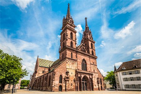 simsearch:841-03868215,k - Imposing facade of the Basel Cathedral (Basel Minster) on a sunny day in the historic city of  Basel, Switzerland Stock Photo - Rights-Managed, Code: 700-08986118