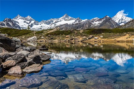 pennine alps - The Swiss Alps reflected in the small mountain lake of Grunsee at Zermatt, Switzerland Stock Photo - Rights-Managed, Code: 700-08986355