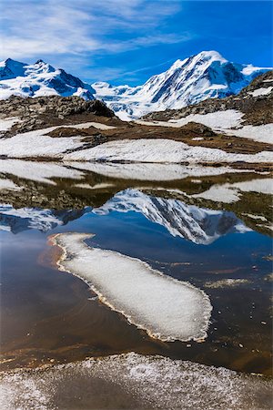 simsearch:600-07278765,k - Riffelsee Lake with melting snow and reflections of the snow covered mountains of the Swiss Alps in spring at Zermatt, Switzerland Stock Photo - Rights-Managed, Code: 700-08986368