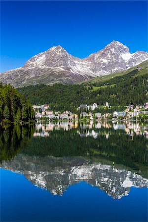 simsearch:600-07278765,k - The resort town of St Moritz reflected in Lake St Moritz in the Engadin valley with the Swiss Alps in the background on a sunny day, Switzerland Stock Photo - Rights-Managed, Code: 700-08986381