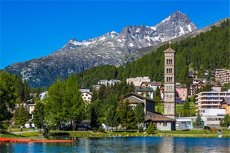 The St Karl Church with it's distinctive tower in the resort town of St Moritz with the Swiss Alps in the background, Switzerland Stock Photo - Rights-Managed, Code: 700-08986383