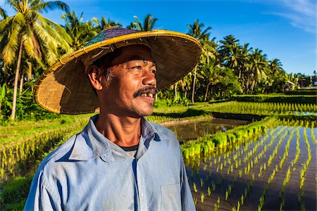 foreground (something in the foreground) - Portrait of Balinese farmer standing next to a rice field in Ubud District in Gianyar, Bali, Indonesia Stock Photo - Rights-Managed, Code: 700-09134691