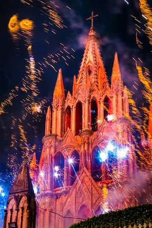 simsearch:614-06719755,k - The Alborada dawn fireworks in front of the Parroquia de San Miguel Arcangel for the St Michael Archangel Festival in San Miguel de Allende, Mexico Stock Photo - Rights-Managed, Code: 700-09226987