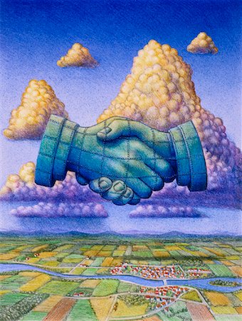 Illustration of Abstract Handshake in Sky over Landscape Stock Photo - Rights-Managed, Code: 700-00018363