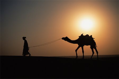 simsearch:700-02669459,k - Silhouette of Man Leading Camel At Sunset Jaisalmer, India Stock Photo - Rights-Managed, Code: 700-00019498