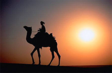 simsearch:700-02669459,k - Silhouette of Man Riding Camel At Sunset Jaisalmer, India Stock Photo - Rights-Managed, Code: 700-00019499