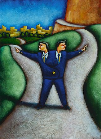 diverging paths - Illustration of Two Headed Businessman Pointing Down Two Paths Stock Photo - Rights-Managed, Code: 700-00024040