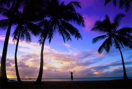 simsearch:700-00021491,k - Femme debout sur la plage avec les bras levés au coucher du soleil Waimea, Oahu, Hawaii, USA Photographie de stock - Rights-Managed, Code: 700-00024357
