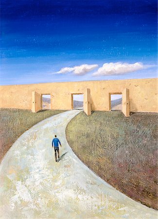 destiny direction - Illustration of Man Walking on Road Leading to Wall Stock Photo - Rights-Managed, Code: 700-00025830