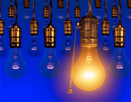 simsearch:700-00453204,k - Hanging Light Bulbs with Single Glowing Light Bulb Stock Photo - Rights-Managed, Code: 700-00028232