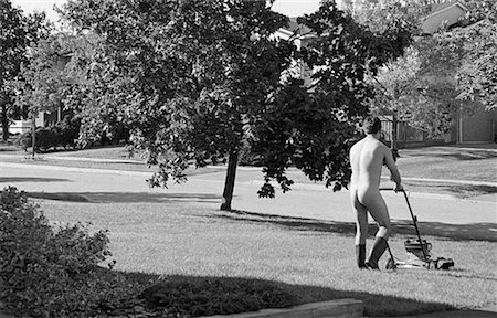 exhibitionist - Back View of Nude Man Mowing Lawn Stock Photo - Rights-Managed, Code: 700-00036202