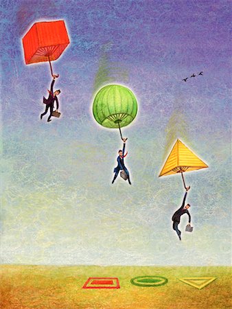 simsearch:700-00042054,k - Illustration of Businessmen Holding Geometric Umbrellas Floating in Sky Stock Photo - Rights-Managed, Code: 700-00030400