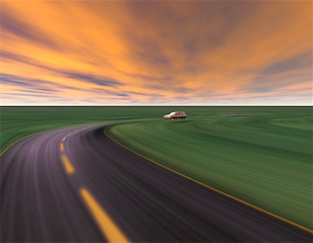 simsearch:700-00089787,k - Utiliy Vehicle Approaching Bend In Road at Sunset Stock Photo - Rights-Managed, Code: 700-00031360