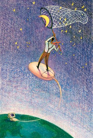 picture of people catching star - Illustration of Businessman Standing on Computer Mouse in Sky Catching Moon in Net Stock Photo - Rights-Managed, Code: 700-00031895