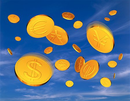 simsearch:600-00077457,k - Gold Coins with International Currency Symbols Falling in Sky Stock Photo - Rights-Managed, Code: 700-00046139