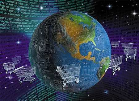 simsearch:700-00040855,k - Shopping Carts Orbiting Microchip Globe in Binary Code Landscape Stock Photo - Rights-Managed, Code: 700-00040014