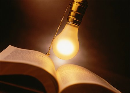 simsearch:700-00077410,k - Lightbulb Hanging Over Open Book Stock Photo - Rights-Managed, Code: 700-00055187