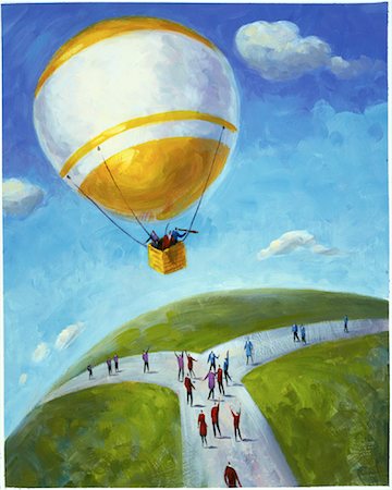 simsearch:700-00056968,k - Illustration of People Watching Hot Air Balloon Flying Overhead Stock Photo - Rights-Managed, Code: 700-00056968