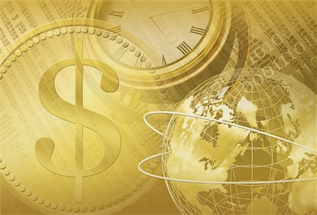 Coin with Dollar Sign, Wire Globe With Rings, Clock, Financial Page And Binary Code Stock Photo - Rights-Managed, Code: 700-00062322