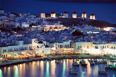 Cityscape and Harbor at Dusk Mykonos, Greece Stock Photo - Rights-Managed, Code: 700-00076574