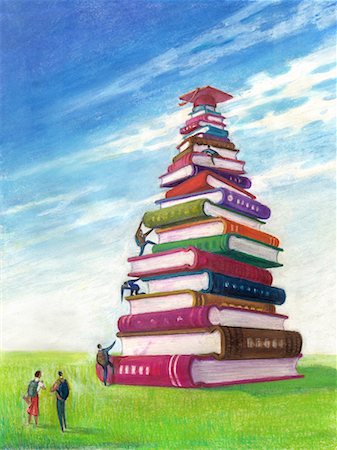 Illustration of Students Climbing Stack of Books to Reach Mortarboard Stock Photo - Rights-Managed, Code: 700-00078219